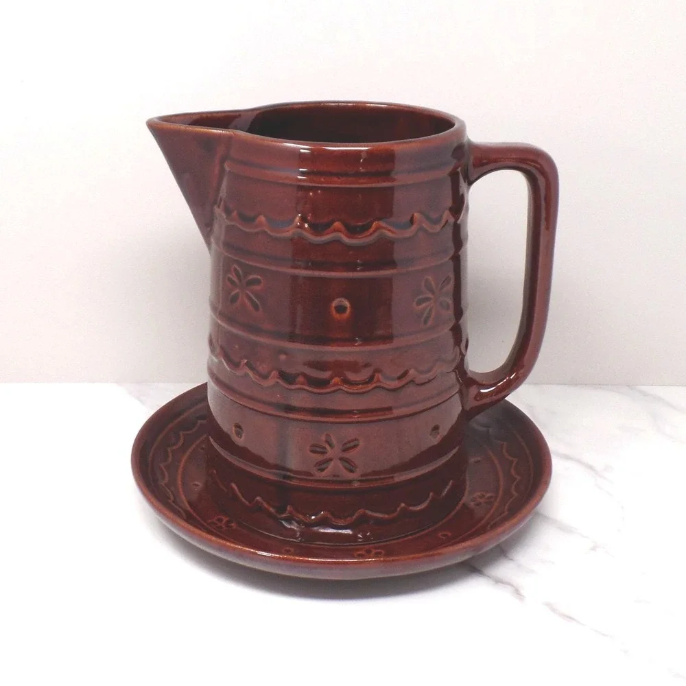 Vintage Marcrest Ceramic Pitcher and Underplate, Brown Daisy and Dot (1950s)